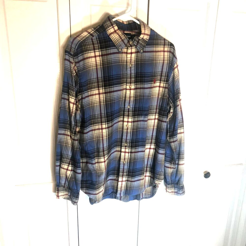 Ralph Lauren Flannel Plaid Shirt Men's Large L Classic Fit Blue White Red Pony